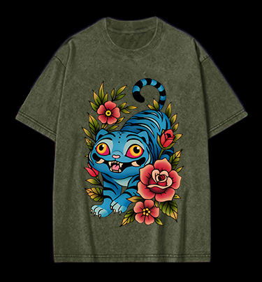 Blue Tiger & Flowers Vintage Washed 100% Cotton T-Shirt
