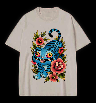 Blue Tiger & Flowers Vintage Washed 100% Cotton T-Shirt
