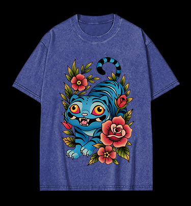 Blue Tiger & Flowers Vintage Washed 100% Cotton T-Shirt