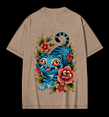 Blue Tiger & Flowers Vintage Washed 100% Cotton T-Shirt