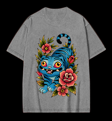 Blue Tiger & Flowers Vintage Washed 100% Cotton T-Shirt