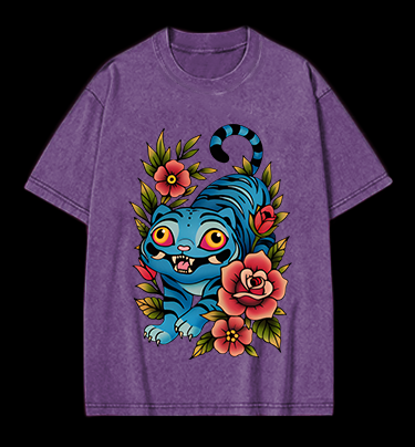 Blue Tiger & Flowers Vintage Washed 100% Cotton T-Shirt