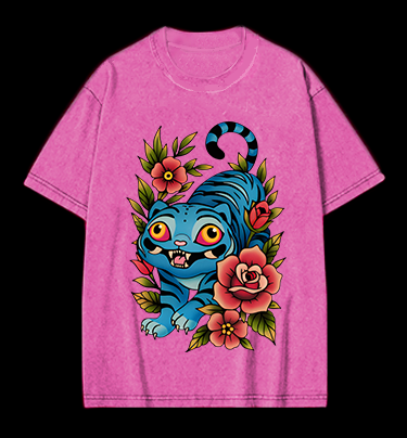 Blue Tiger & Flowers Vintage Washed 100% Cotton T-Shirt