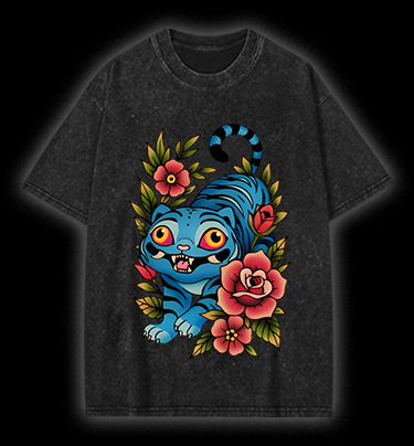 Blue Tiger & Flowers Vintage Washed 100% Cotton T-Shirt