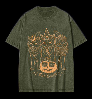 Halloween Cat Coven Vintage Washed 100% Cotton T-Shirt