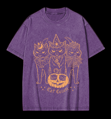 Halloween Cat Coven Vintage Washed 100% Cotton T-Shirt