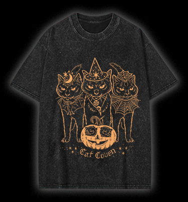 Halloween Cat Coven Vintage Washed 100% Cotton T-Shirt