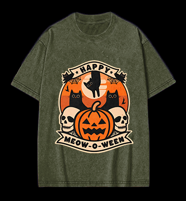 Happy Meow - o - ween Vintage Washed 100% Cotton T-Shirt