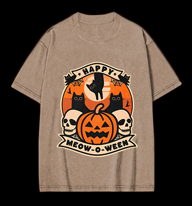 Happy Meow - o - ween Vintage Washed 100% Cotton T-Shirt