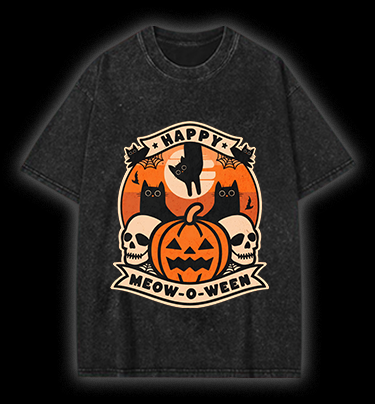 Happy Meow - o - ween Vintage Washed 100% Cotton T-Shirt