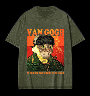 Van Gogh Cat Art Vintage Washed 100% Cotton T-Shirt