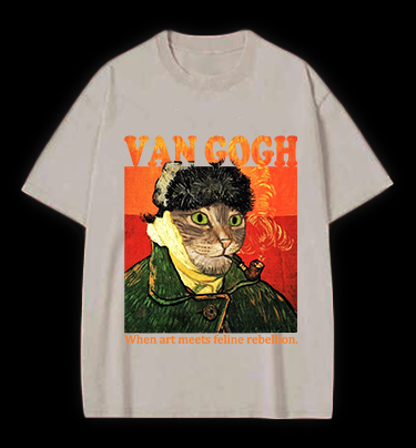 Van Gogh Cat Art Vintage Washed 100% Cotton T-Shirt