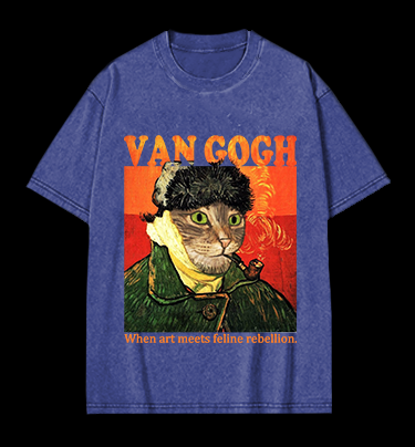 Van Gogh Cat Art Vintage Washed 100% Cotton T-Shirt