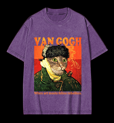 Van Gogh Cat Art Vintage Washed 100% Cotton T-Shirt