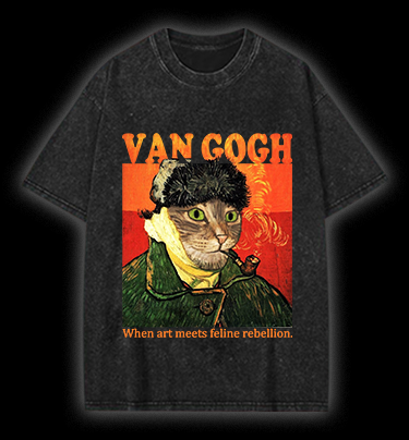 Van Gogh Cat Art Vintage Washed 100% Cotton T-Shirt
