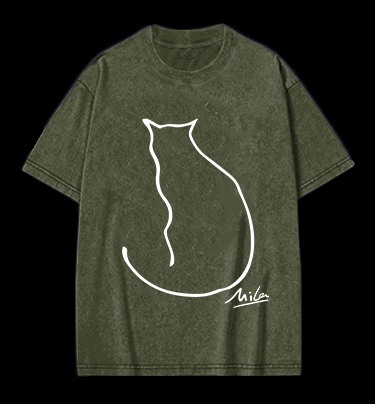 Minimalist Cat Line Art Vintage Washed 100% Cotton T-Shirt