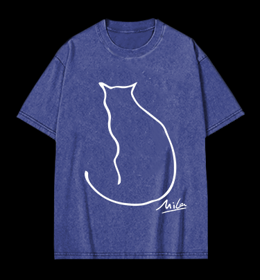 Minimalist Cat Line Art Vintage Washed 100% Cotton T-Shirt