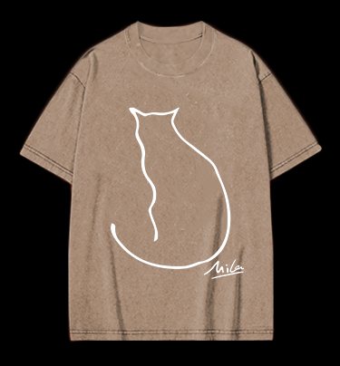 Minimalist Cat Line Art Vintage Washed 100% Cotton T-Shirt