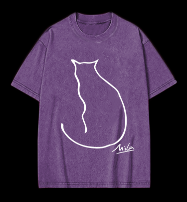 Minimalist Cat Line Art Vintage Washed 100% Cotton T-Shirt