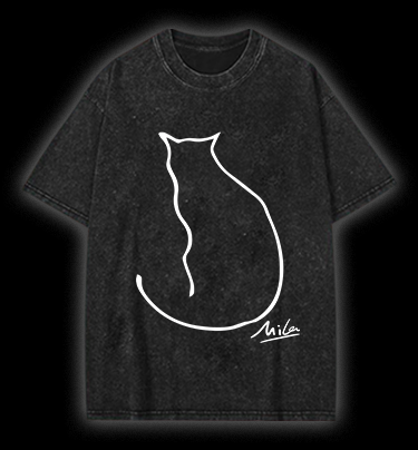Minimalist Cat Line Art Vintage Washed 100% Cotton T-Shirt