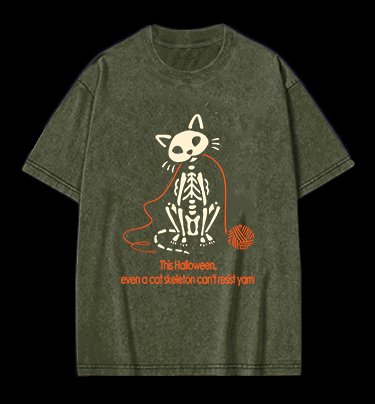 Halloween Cat Skeleton Vintage Washed 100% Cotton T-Shirt