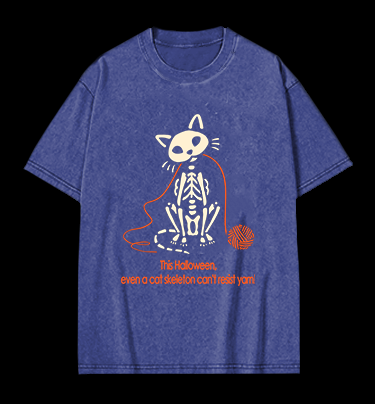 Halloween Cat Skeleton Vintage Washed 100% Cotton T-Shirt