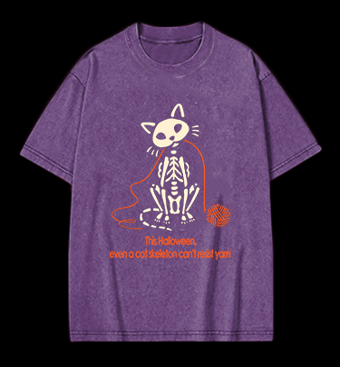 Halloween Cat Skeleton Vintage Washed 100% Cotton T-Shirt