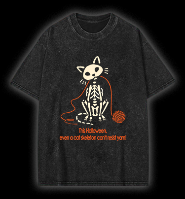 Halloween Cat Skeleton Vintage Washed 100% Cotton T-Shirt