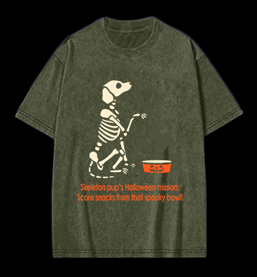 Halloween Skeleton Pup Vintage Washed 100% Cotton T-Shirt