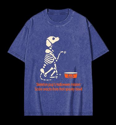 Halloween Skeleton Pup Vintage Washed 100% Cotton T-Shirt