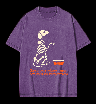 Halloween Skeleton Pup Vintage Washed 100% Cotton T-Shirt