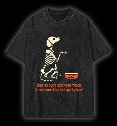 Halloween Skeleton Pup Vintage Washed 100% Cotton T-Shirt