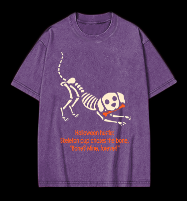 Halloween Dog's Bone Chase Vintage Washed 100% Cotton T-Shirt
