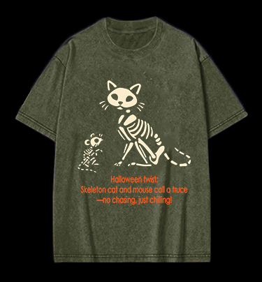 Halloween Skeleton Cat & Mouse Vintage Washed 100% Cotton T-Shirt
