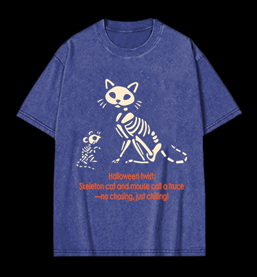 Halloween Skeleton Cat & Mouse Vintage Washed 100% Cotton T-Shirt
