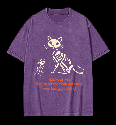 Halloween Skeleton Cat & Mouse Vintage Washed 100% Cotton T-Shirt