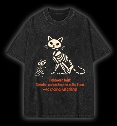 Halloween Skeleton Cat & Mouse Vintage Washed 100% Cotton T-Shirt