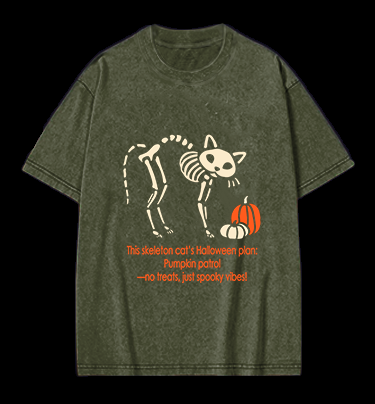 Skeleton Cat's Pumpkin Patrol Vintage Washed 100% Cotton T-Shirt