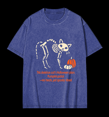 Skeleton Cat's Pumpkin Patrol Vintage Washed 100% Cotton T-Shirt