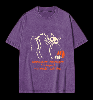 Skeleton Cat's Pumpkin Patrol Vintage Washed 100% Cotton T-Shirt