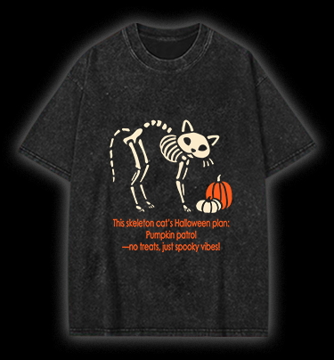 Skeleton Cat's Pumpkin Patrol Vintage Washed 100% Cotton T-Shirt