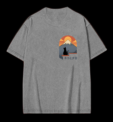 Sunset Cat by Fuji Vintage Washed 100% Cotton T-Shirt