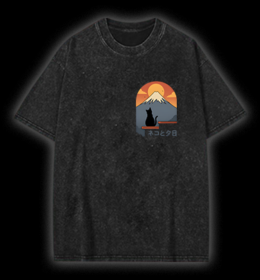 Sunset Cat by Fuji Vintage Washed 100% Cotton T-Shirt