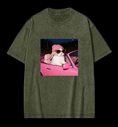 Fashion Bunny Cruising In Pink Car Vintage Washed 100% Cotton T-Shirt