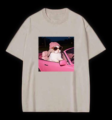 Fashion Bunny Cruising In Pink Car Vintage Washed 100% Cotton T-Shirt