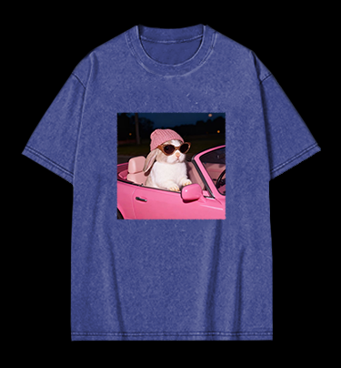Fashion Bunny Cruising In Pink Car Vintage Washed 100% Cotton T-Shirt