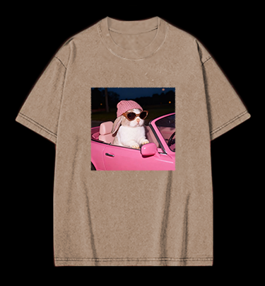 Fashion Bunny Cruising In Pink Car Vintage Washed 100% Cotton T-Shirt
