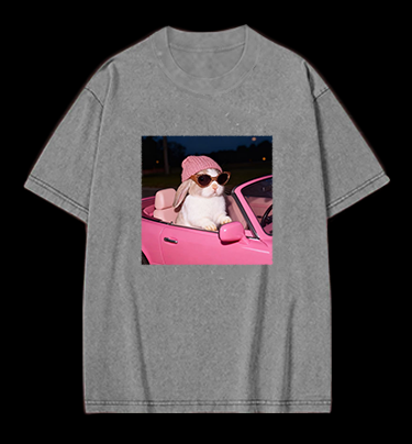 Fashion Bunny Cruising In Pink Car Vintage Washed 100% Cotton T-Shirt