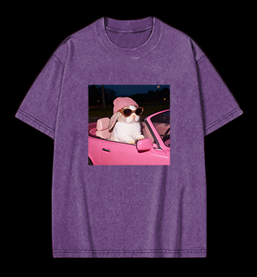 Fashion Bunny Cruising In Pink Car Vintage Washed 100% Cotton T-Shirt