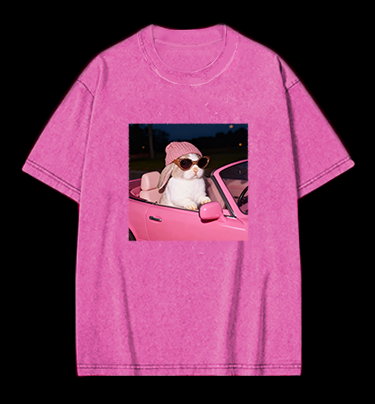 Fashion Bunny Cruising In Pink Car Vintage Washed 100% Cotton T-Shirt